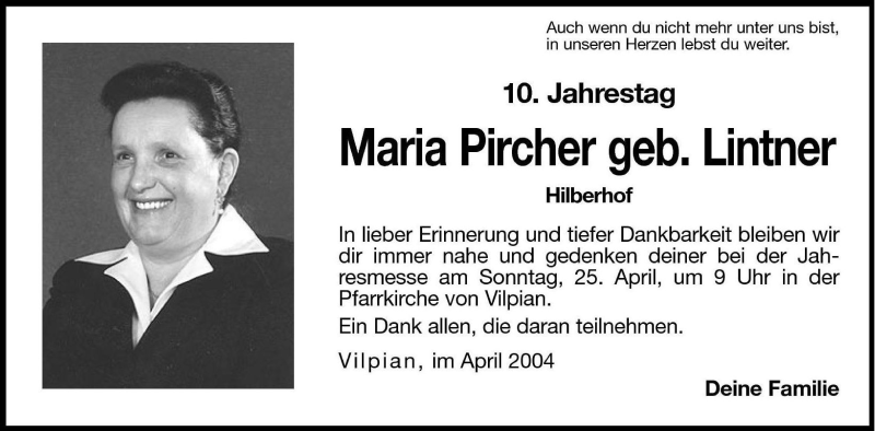  Traueranzeige für Maria Pircher vom 24.04.2004 aus Dolomiten