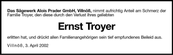 Traueranzeige von Ernst Troyer von Dolomiten