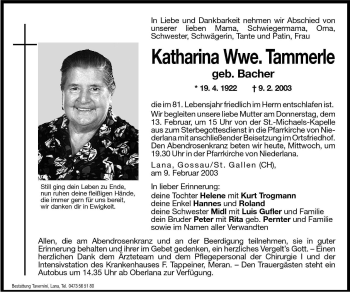 Traueranzeige von Katharina Tammerle von Dolomiten