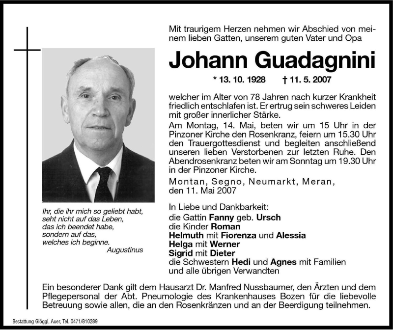  Traueranzeige für Johann Guadagnini vom 12.05.2007 aus Dolomiten