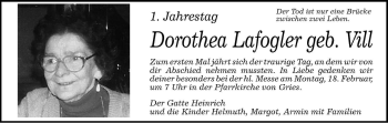 Traueranzeige von Dorothea Lafogler von Dolomiten
