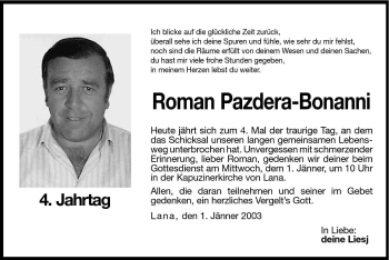 Traueranzeige von Roman Pazdera-Bonanni von Dolomiten