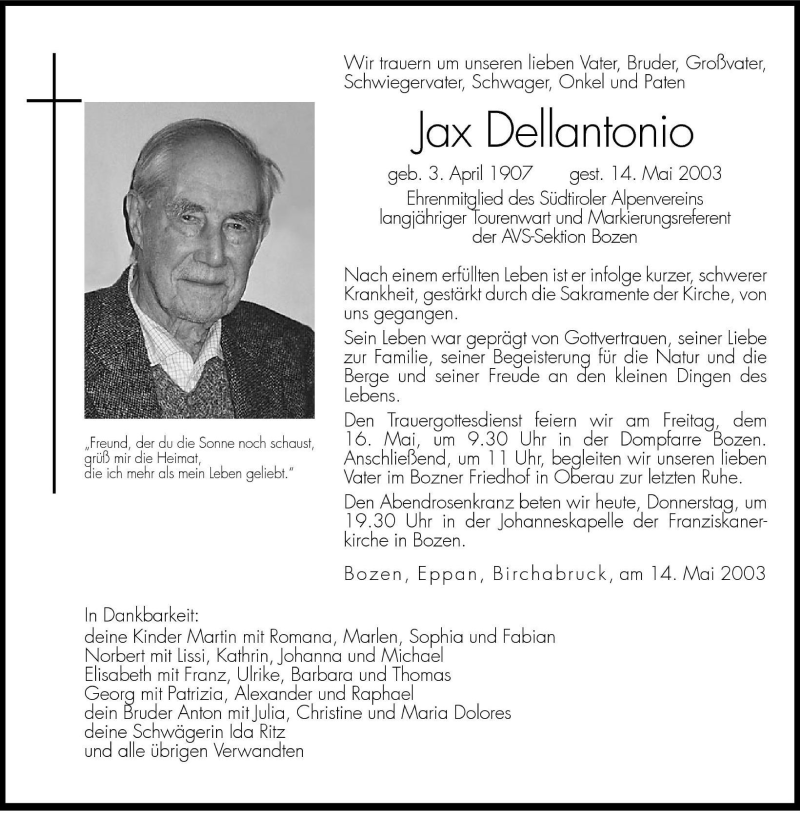  Traueranzeige für Jax Dellantonio vom 15.05.2003 aus Dolomiten