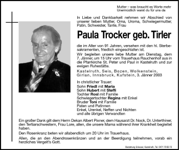 Traueranzeige von Paula Trocker von Dolomiten