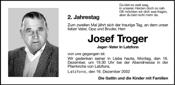 Traueranzeige von Josef Troger von Dolomiten