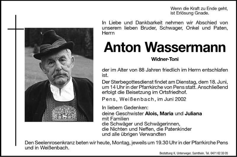  Traueranzeige für Anton Wassermann vom 17.06.2002 aus Dolomiten