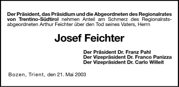 Traueranzeige von Josef Feichter von Dolomiten