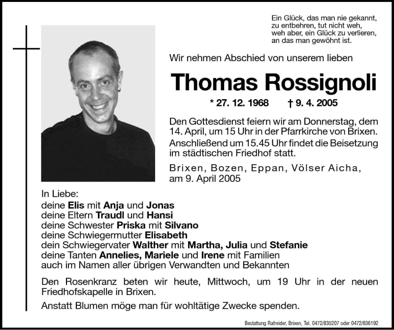  Traueranzeige für Thomas Rossignoli vom 13.04.2005 aus Dolomiten
