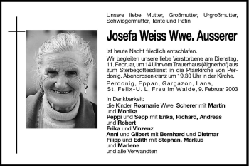 Traueranzeige von Josefa Ausserer von Dolomiten