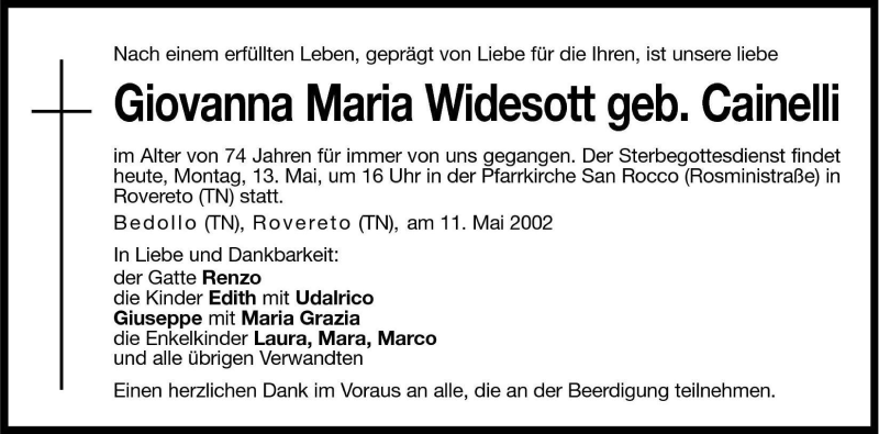  Traueranzeige für Giovanna Maria Widesott vom 13.05.2002 aus Dolomiten