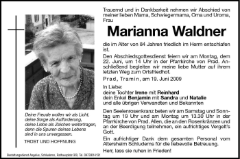Traueranzeige von Marianna Waldner von Dolomiten