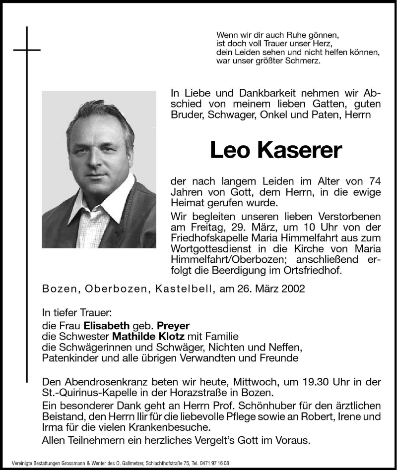  Traueranzeige für Leo Kaserer vom 27.03.2002 aus Dolomiten