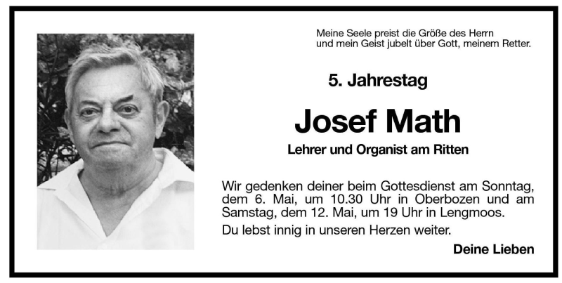 Traueranzeige für Josef Math vom 04.05.2001 aus Dolomiten