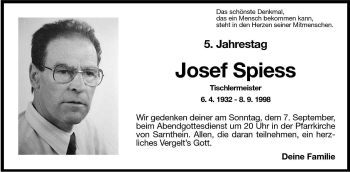 Traueranzeige von Josef Spiess von Dolomiten