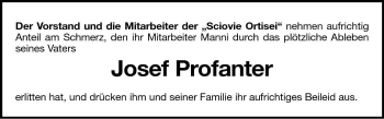 Traueranzeige von Josef Profanter von Dolomiten