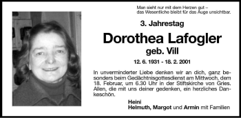Traueranzeige von Dorothea Lafogler von Dolomiten