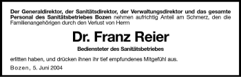 Traueranzeige von Franz Reier von Dolomiten