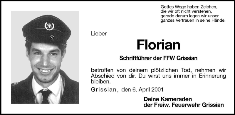  Traueranzeige für Florian  vom 06.04.2001 aus Dolomiten