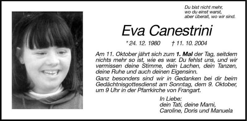  Traueranzeige für Eva Canestrini vom 07.10.2005 aus Dolomiten