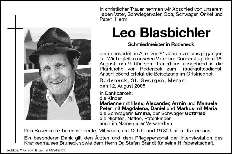 Traueranzeigen Von Leo Blasbichler | Trauer.bz