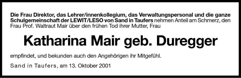  Traueranzeige für Katharina Mair vom 15.10.2001 aus Dolomiten