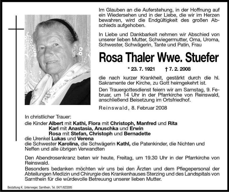 Traueranzeige für Rosa Stuefer vom 08.02.2008 aus Dolomiten