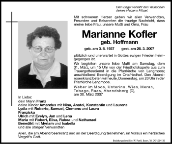 Traueranzeige von Marianne Kofler von Dolomiten