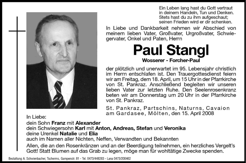  Traueranzeige für Paul Stangl vom 17.04.2008 aus Dolomiten