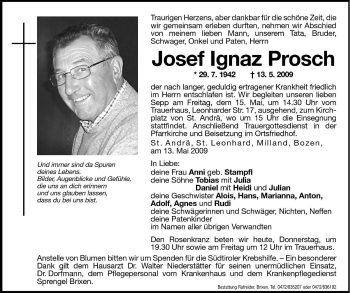 Traueranzeige von Josef Ignaz Prosch von Dolomiten