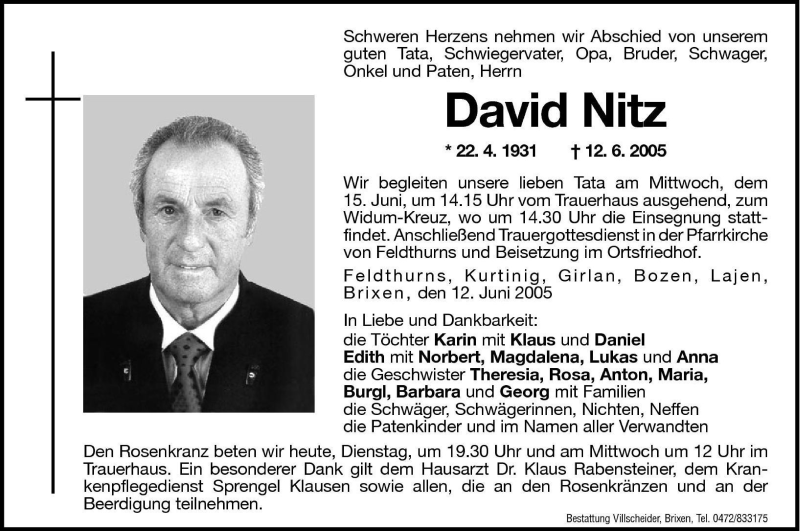  Traueranzeige für David Nitz vom 14.06.2005 aus Dolomiten