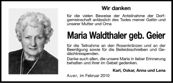 Traueranzeige von Maria Waldthaler von Dolomiten
