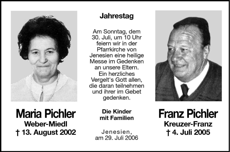  Traueranzeige für Franz Pichler vom 29.07.2006 aus Dolomiten