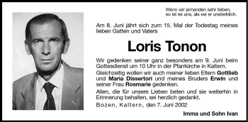 Traueranzeige von Loris Tonon von Dolomiten