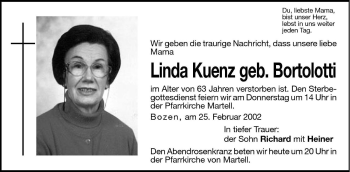 Traueranzeige von Linda Kuenz von Dolomiten