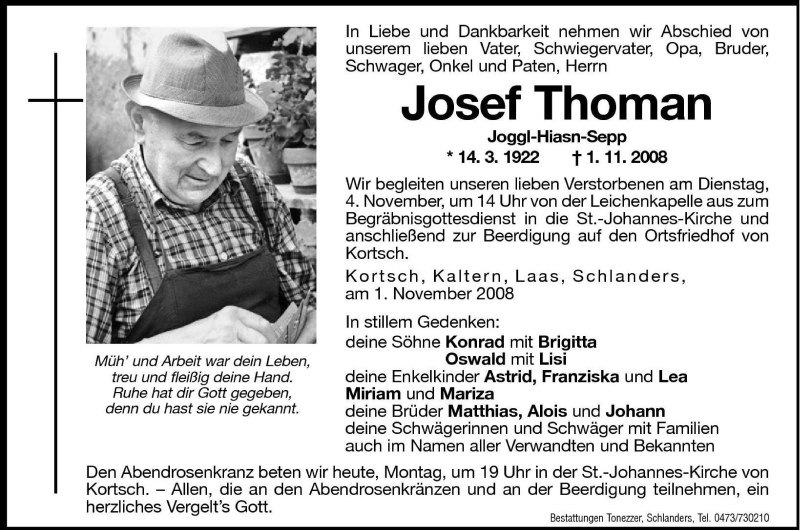  Traueranzeige für Josef Thomann vom 03.11.2008 aus Dolomiten