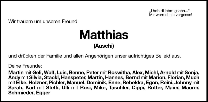  Traueranzeige für Matthias  vom 14.08.2003 aus Dolomiten