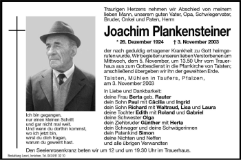Traueranzeige von Joachim Plankensteiner von Dolomiten