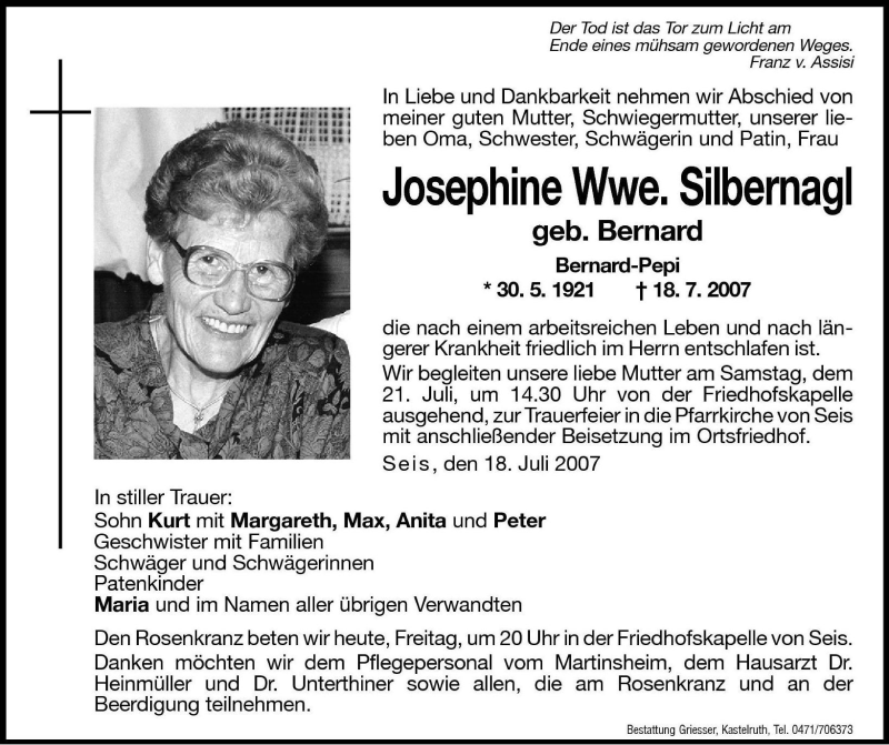  Traueranzeige für Josephine Silbernagl vom 20.07.2007 aus Dolomiten