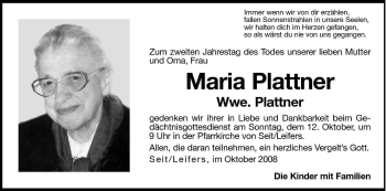 Traueranzeige von Maria Plattner von Dolomiten