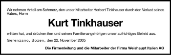 Traueranzeige von Kurt Tinkhauser von Dolomiten