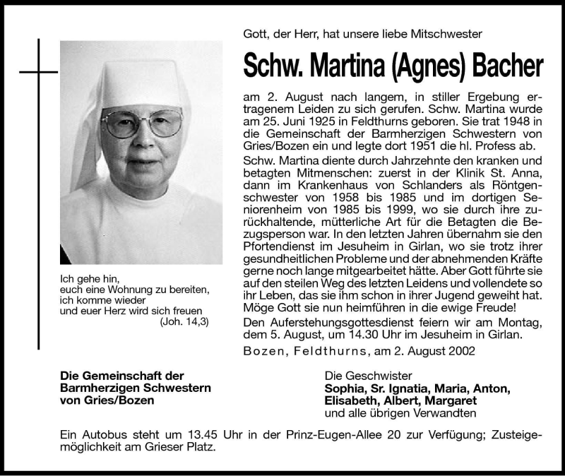  Traueranzeige für Martina (Agnes) Bacher vom 03.08.2002 aus Dolomiten