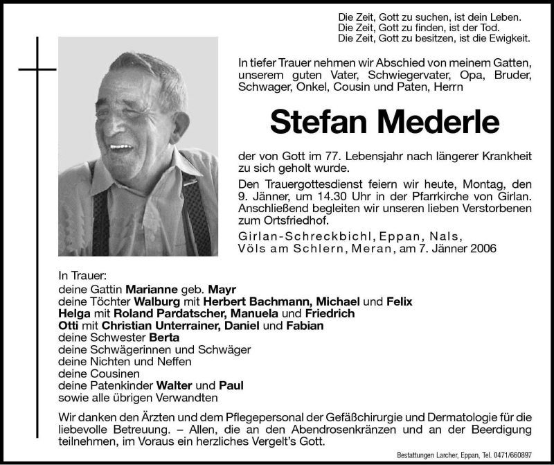  Traueranzeige für Stefan Mederle vom 09.01.2006 aus Dolomiten