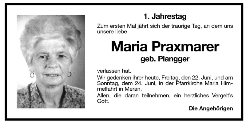  Traueranzeige für Maria Praxmarer vom 22.06.2001 aus Dolomiten