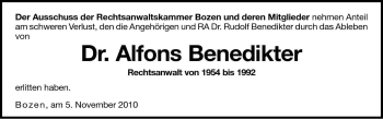 Traueranzeige von Alfons Benedikter von Dolomiten