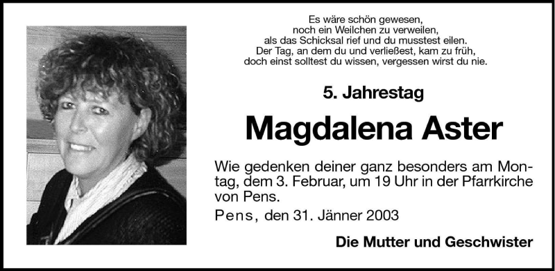  Traueranzeige für Magdalena Aster vom 31.01.2003 aus Dolomiten