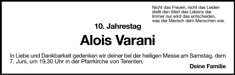  Traueranzeige für Alois Varani vom 06.06.2003 aus Dolomiten