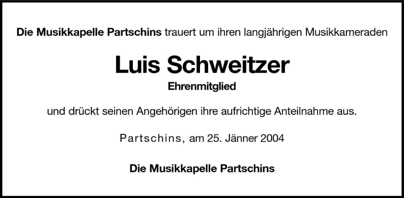  Traueranzeige für Luis Schweitzer vom 27.01.2004 aus Dolomiten