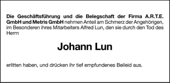 Traueranzeige von Johann Lun von Dolomiten