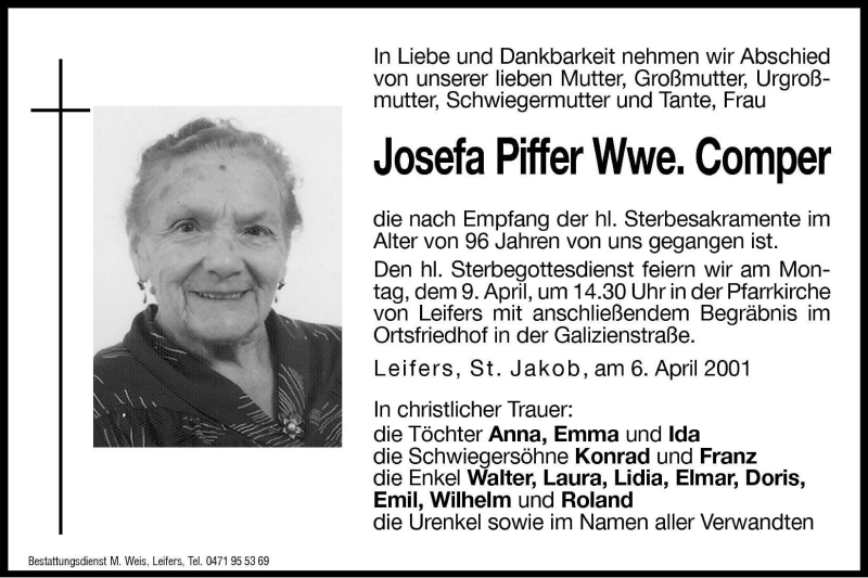  Traueranzeige für Josefa Comper vom 07.04.2001 aus Dolomiten
