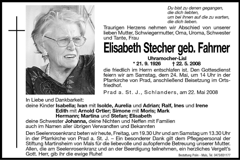  Traueranzeige für Elisabeth Stecher vom 23.05.2008 aus Dolomiten